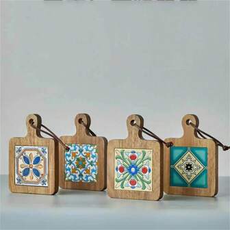 4pcs Floral Wooden Trivet Set - Heat Resistant Kitchen Table Mat, Vintage Placemat, Hot Pad, Synthetic Lid Material