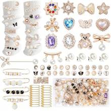 65Pcs Charms For Socks Safety Pin And Brooch For Women ,Shoe Accessories,Junk Socks Charms Pins Pearl Rhinestone Brooch Pins Buttons Shoe Sock Charms Kit,Charms For ,DIY Shoe Lace Charms