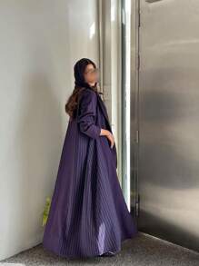 女士条纹紫色长袍外套，优雅前开式长袍，翻领，适合日常通勤，端庄，长袍 - 紫色 - 查看 7
