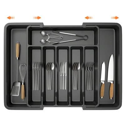 Vandise Cutlery Drawer Organiser, Expandable 6-8 Compartment Cutlery Tray For Kitchen Drawer, Adjustable Utensils And Silverware Holder, Plastic Flatware Spoons Forks Knives Holder Storage Insert, Black Cutlery Tray Plastic Drawer Organiser Expandable From 33 X 38cm To 57 X 38cm, 5cm Depth, Waterproof Utensil And Silverware Holder 6 To 8 Separate Slots For Kitchen, Bedroom, OfficeUtensil Drawer Organiser 6-8 Compartment Expandable Large Cutlery Tray For Kitchen, Adjustable Silverware Flatware Holder, Plastic Kitchen Spatula Tools And Gadgets Storage Divider, Black