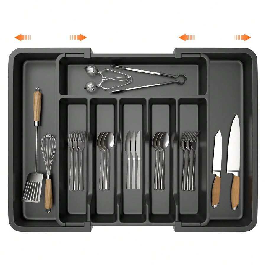 Vandise Cutlery Drawer Organiser, Expandable 6-8 Compartment Cutlery Tray For Kitchen Drawer, Adjustable Utensils And Silverware Holder, Plastic Flatware Spoons Forks Knives Holder Storage Insert, Black Cutlery Tray Plastic Drawer Organiser Expandable From 33 X 38cm To 57 X 38cm, 5cm Depth, Waterproof Utensil And Silverware Holder 6 To 8 Separate Slots For Kitchen, Bedroom, OfficeUtensil Drawer Organiser 6-8 Compartment Expandable Large Cutlery Tray For Kitchen, Adjustable Silverware Flatware Holder, Plastic Kitchen Spatula Tools And Gadgets Storage Divider, Black - Black - View 1