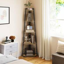 Yitahome Eckregal 5 Ebenen, Eck-Bücherregal, Standregal Freistehend, Modernes Holzregal mit Stahlrahmen, Eichenfarbe -von GeoTower- - Schwarz - Übersicht 3