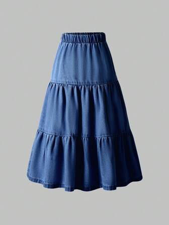 Tween Girl Casual Simple Elegant Mid-Wash Blue Denim Skirt, Versatile For All Seasons