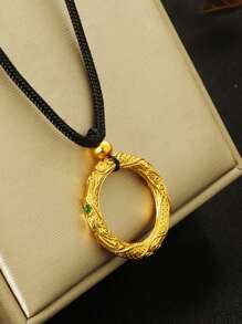 1pc Fashion Minimalist Stainless Steel Unique Nezha Circle Pendant Necklace, Handmade Braided Rope Vintage Chinese Style Auspicious Cloud Charm Necklace, Daily Wear Or Gift For Women