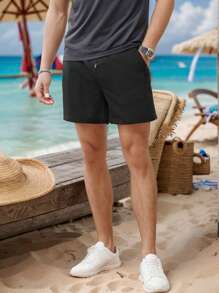 hoteel Mens Beach Linen Shorts 5 Inch Inseam Classic-Fit Drawstring Elastic Waist Pleat Front Shorts With Pocket Outdoor Sport - Black - View 1