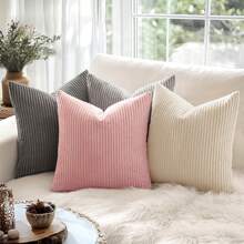 1pc Plain Ribbed Striped Soft Decorative Throw Pillow Case, Square Cushion Cover, Spring Winter Holiday Home Decor, Soft Comfy Striped Fabric, Modern Decor For Sofa, Bedroom, Dorm - Pink - View 6