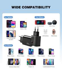 Teckwe 33W PD3.0 Fast Charging Adapter, EU Plug GaN Wall Charger, 33W Power Adapter Fast Charging Compatible With Apple/Android Phones, Cameras, MP3 Nan High Output Power