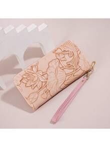 Flower Print Long Wallet For Women - New 2025 Fashion Ladies Large Capacity Zipper Coin Purse With Multiple Card Slots Wristlet Wallet Mini Wallet Purse Wallet Wristlet Wallet - Apricot - View 3