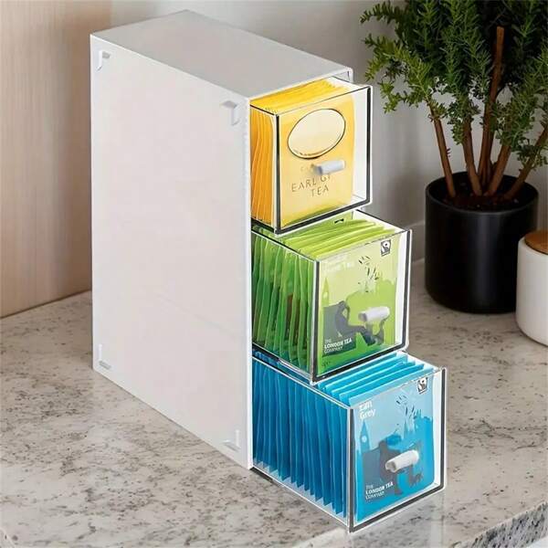 1 pièce Organisateur de tiroir de cuisine empilable pour sachets de thé et dosettes de café - Solution de rangement en plastique, design gain de place, accès facile, convient pour l'organisation de la maison, paniers, bacs et contenants