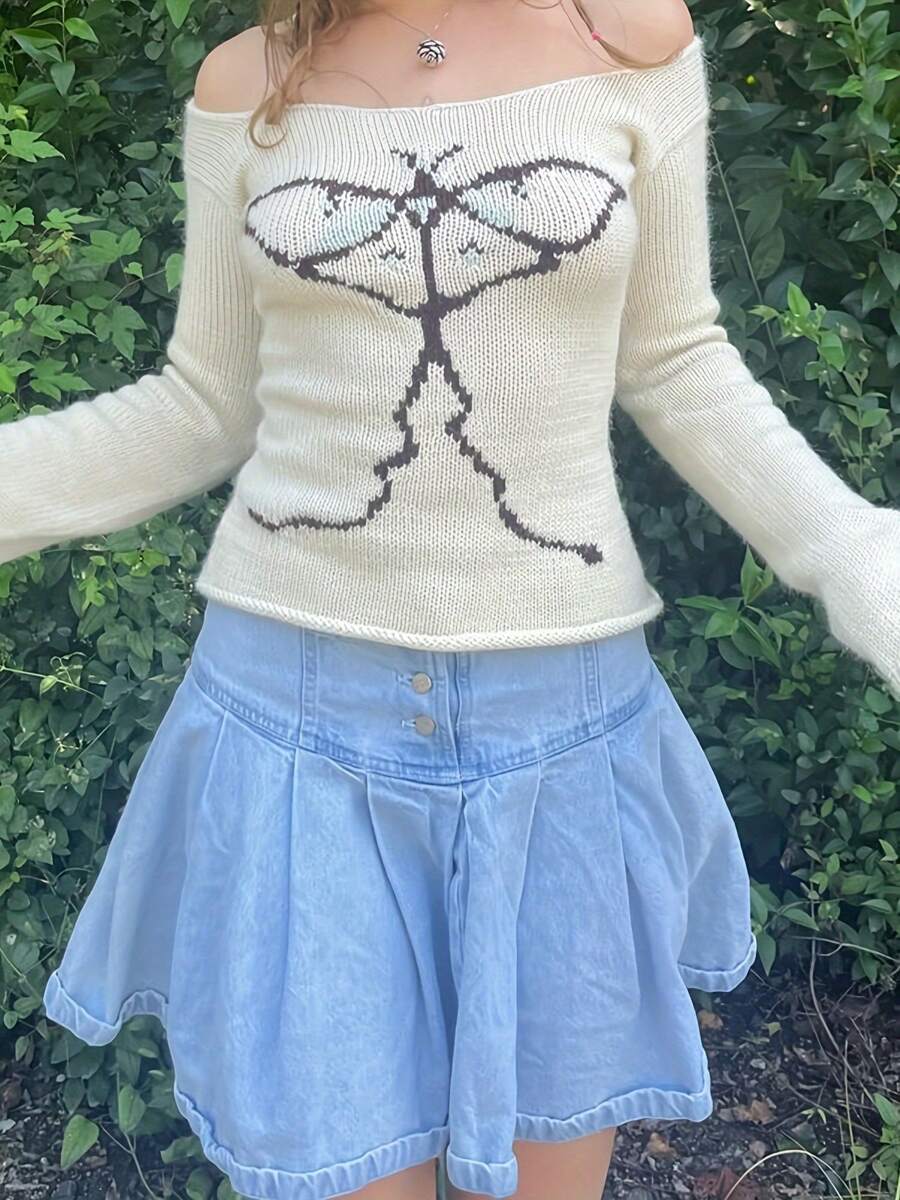 Suéter de mujer con hombros descubiertos, ajustado, estampado gráfico, manga larga, de punto, estilo vintage streetwear. - Blanco - Ver 1
