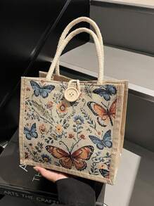 Linen Tote Bag, Butterfly Pattern Tote Bag, Reusable Fashionable Multipurpose Shopping Bag, Annual Meeting Gift Bag, Customizable Design, Minimalist And Elegant, Can Be Used As Bridesmaid Wedding Gift Bag, Student Bag, Back To School And Teacher Bag, Perfectly Meets The Needs Of Gift Promotions, Giveaways, Exhibitions, Surface Can Be Silk-Screened, Embroidered Or Heat-Pressed.