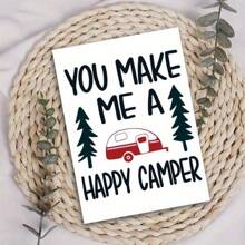 1pc Happy Camper Greeting Card With Envelope – Woodsy Camping Design Featuring Pine Trees & Red Camper, Perfect Gift For Family, Friends, Hikers, And Camping Enthusiasts, Ideal For Any Occasion