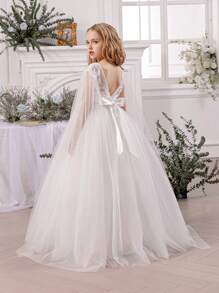 Tween Girl Elegant Lace Trim Bow Back Deep V Mesh Flower Girl Princess Dress, Suitable For Children's Birthday Party, Wedding, Prom, Holiday Occasions - White - View 6