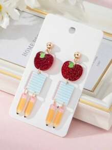 1 paire de boucles d'oreilles en acrylique avec design pomme, livre, crayon. Bijoux convenant pour la Fête des Enseignants, la rentrée, la saison des remises de diplômes, le port quotidien. Cadeaux pour enfants, accessoires pour enfants.