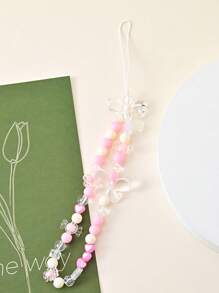 1pc Pink Sweet Butterfly Beaded Phone Lanyard, Short Decorative Cellphone Strap Accessory