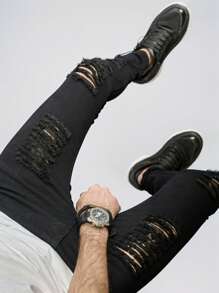 Men's Stretch Distressed Slim Fit Jeans With Patches, Fashionable Casual Motorcycle Pants