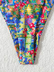 2pcs Women's New Style Ditsy Floral Bikini Set, Fashionable Backless Design With Metal Decor - Multicolor - View 5