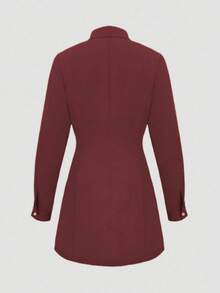 Mùa xuân và mùa thu phong cách mới thời trang giản dị ve áo nút trang trí tay dài váy ngắn cho phụ nữ - Màu đỏ tím - Xem 3