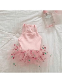 Cute Sweet Princess Style Pet Dress, Fashion Dog/Cat Knit Mesh Patchwork Vest Dress, Suitable For Small To Medium Pets - Pink - View 5