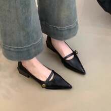 Pointed Shallow Mouth Commuter Shoes For Women 2025 Spring And Autumn French Retro Thick Heel Evening Shoes Fashionable Mary Jane Leather Shoes - 黑色 - 查看 3