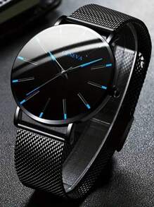 2 unidades Reloj de cuarzo sencillo con escala de malla de moda para hombre y 1 cartera de negocios para hombres