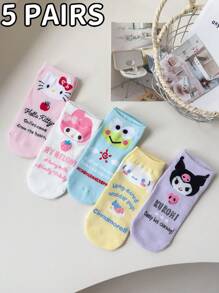 Sanrio Melody,‌,‌ ,,,Badtz-Maru,, 5 Pairs Women And Men's/Couple Short Knee,Sockspersonalized, Funny, Happy,Colorful, Creative Anime Cartoon Design, Holiday Gift, Comfortable And Breathable, Improve Family Atmosphere, Fashionable And Suitable For Both Men And Women. Interesting Socks, Crazy, Anime, Multi-Color Socks - Multicolor - View 1