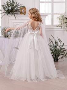 Tween Girl White Elegant Princess Dress With Tulle, Pearl, Lace Trim, Suitable For Girls Dresses, Birthday Party, Prom, Formal Occasion, Holiday Celebration, Flower Girl, Bridesmaid - 白色 - 查看 1