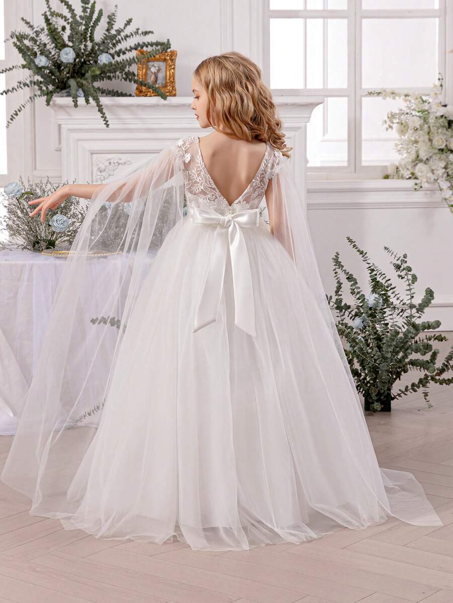 Tween Girl White Elegant Princess Dress With Tulle, Pearl, Lace Trim, Suitable For Girls Dresses, Birthday Party, Prom, Formal Occasion, Holiday Celebration, Flower Girl, Bridesmaid - 白色 - 查看 1