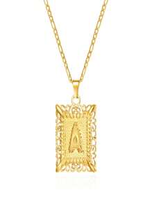 Fashion Light Luxury Stainless Steel Figaro Chain Square Hollow 26-Letter Pendant Necklace Suitable For Banquets And Holiday Daily Wear - 金色 - 查看 6