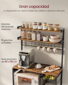 VASAGLE Estantería de Panadería con Toma Corriente, Soporte para Microondas, Barra Café, 4 Tomas CA, con Estantes Ajustables, 8 Ganchos en S, Cesta, Especiero, Marrón Rústico y Negro Tinta - Enchufe EU Tipo C(220-240V) - Ver 5
