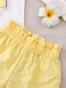 2pcs/Set Toddler Girls Casual Sweet Sleeveless T-Shirt & Floral Print Shorts Set, Suitable For Outings, Vacation, Home Gathering, Summer - Yellow - View 6