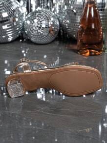 Women's Crystal Heel Glass Rhinestone Champagne Color Plus Size High Heeled Sandals