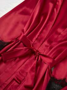 5-Piece Satin Pajama Set For Women - Elegant All-Season Sleepwear, Including Long-Sleeved Tunic Robe, V-Neck Camisole Dress, Camisole Top, Red Stretch Shorts And Pants, Soft, Skin-Friendly Sleepwear And Loungewear For All Seasons - 酒紅色 - 查看 3