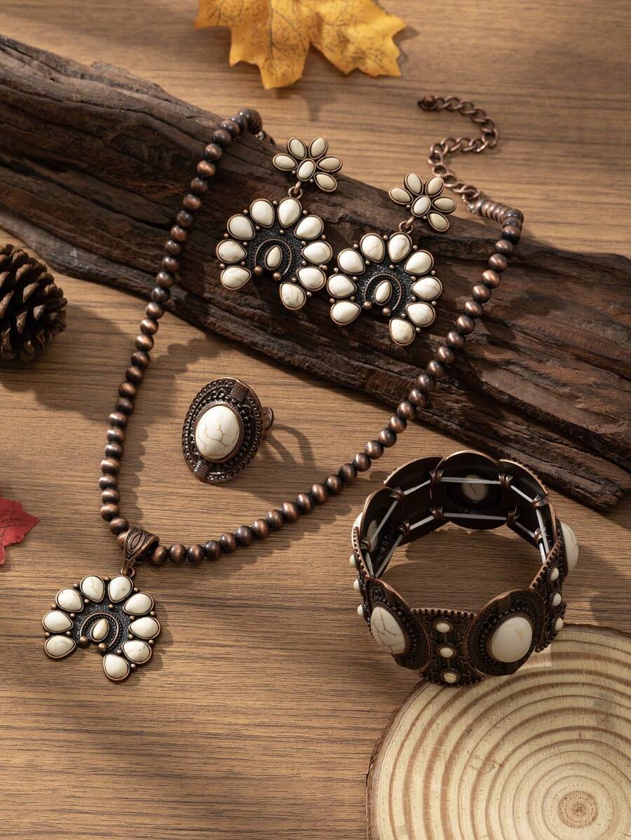4 Pcs/Set Women's Vintage Bohemian Turquoise & Bronze-Color Necklace, Earrings, Ring, Bracelet Set, Suitable For Outfits, Daily & Holiday Wear