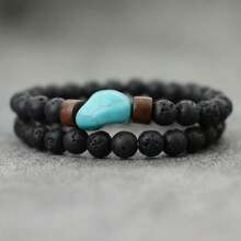 51Luckind 2pcs/Set Vintage Volcanic Stone & Turquoise Bead Asymmetrical Bracelet