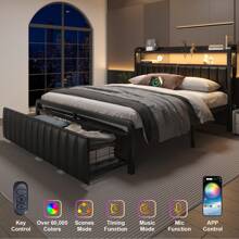 Bed Frame With Storage Headboard And LED Sensor Lights, Upholstered Headboard With Charging Station, Metal Platform Bed With Drawers, Noise-Free, Non-Slip, Black - Xem 7