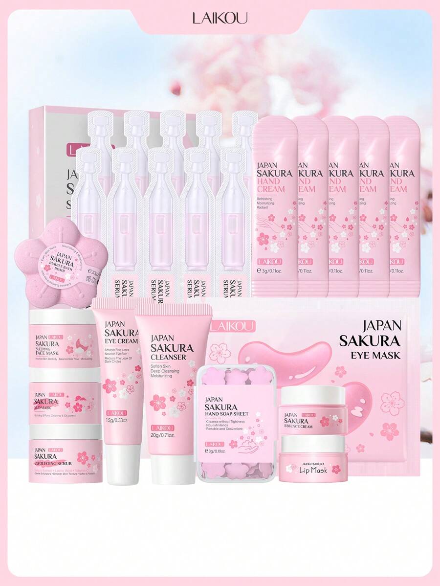 Laikou Relaxing Travel Set (Lip Balm 8g + Eye Cream 15g + Cleansing Gel 20g + Essence Cream 8g + Bath Bomb 30g + Clay Mask 25g + Essence Ampoules 2ml * 10 + Hand Cream 3g * 5 + Hand Soap Sheets 3g + Exfoliating Scrub 25g + Sleeping Mask 25g + Eye Mask 6g/0.21oz) Multi-Functional Skincare Set, Suitable For Travel, Camping, Hiking, Mountaineering, Outdoor Activities - 粉色 - 查看 1