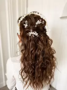 4 件装新娘花童头饰珍珠婚礼头带水钻发夹，适合女孩 - 彩色 - 查看 6