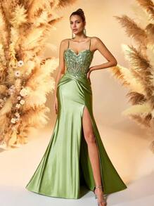 Váy cưới satin xanh ngọc lục bảo cho nữ - Thân áo đính sequin có xẻ cao, váy dạ hội bó sát thanh lịch, váy trang trọng sang trọng, váy dự tiệc - màu xanh lá - Xem 4