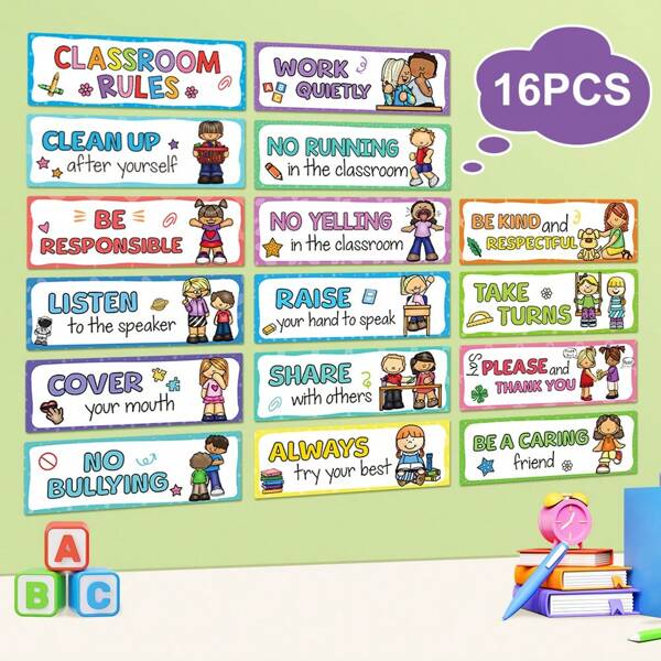 Lachilly 16 Piezas Pósters con reglas del salón de clase en inglés - Gráfico de comportamiento educativo y materiales de aprendizaje de buenos hábitos para maestros de preescolar y jardín de infantes, juego de decoración de salón de clase