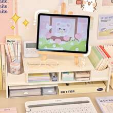 1pc White DIY Office Monitor Stand, Keyboard Storage Rack, Computer Riser Desk Organizer Bookshelf - White - View 7