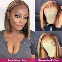 Highlight Lace Front Bob Wig Human Hair 14 Inch Ombre Honey Blonde 13x4 Hd Lace Front Wigs Human Hair Pre Plucked Middle Part 4/27 Colored Lace Frontal Wigs(14 Inch, 4/27 Highlight) - SP4/27 - 查看 2