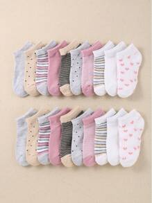 20双儿童可爱条纹爱心印花短袜，男女童通用柔软舒适儿童短袜，多色 - 彩色 - 查看 7
