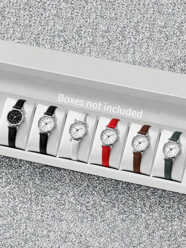 6pcs/Set Women's Elegant & Fashion Digit Scale Small Dial Classical Compact Quartz Watch Leather Belt Combo (Watch Not Included)