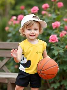 2pcs/Set Baby Boys' Sleeveless Panda Print Tank Top And Shorts, Suitable For Summer Outings
