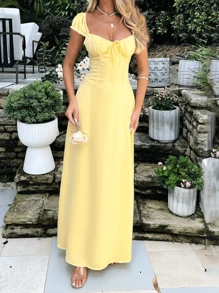 女士夏季低领短袖系带连衣裙，优雅女士长款针织甜心领鸡尾酒裙，胸部饰有褶皱和打结细节，柔软舒适，适合毕业典礼、返校、音乐节、派对等场合。 - 黃色 - 查看 5