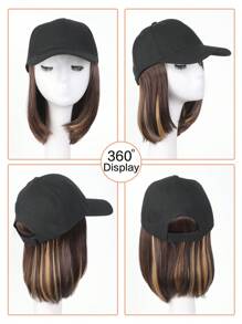 Gorra de béisbol con peluca para mujeres, gorra de béisbol negra con extensiones de cabello sintético rubio liso de 10 pulgadas, gorra de béisbol negra ajustable con peluca tipo bob de cabello rubio, negro y marrón, adecuada para mujeres y niñas