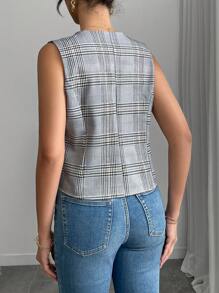 Xadrez Elegante Retro Cintura Fina Simples Colete Sem Mangas, Tecido Tecido Design de Bolso Falso, Primavera/Verão/Outono
