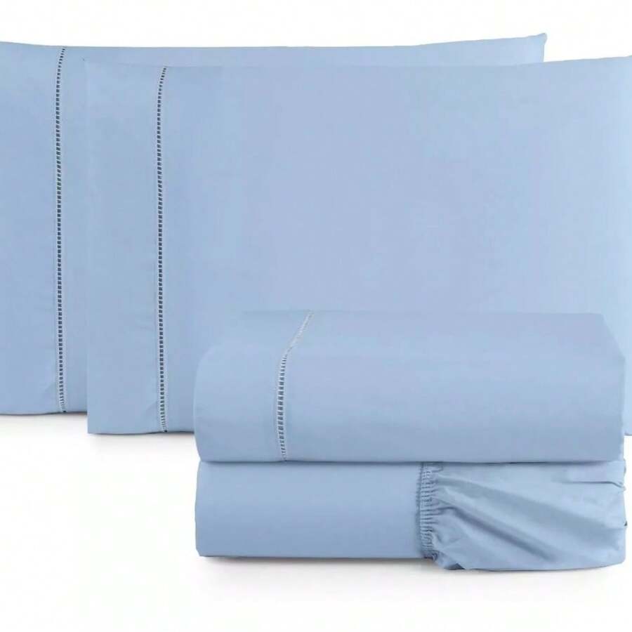 4-Piece King Size Sheet Set, Double Queen Size Percale, 200 Thread Count, 100% Plain Cotton, With Elastic, Soft Touch - MÀU XANH DƯƠNG - Xem 1