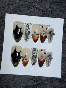 10 Pieces Of Pure Handmade Wearable Nails, Almond Nail Shape Selection, Light Bulb Cat Eye Nail Art, High Quality Elegant Simple Design Nails, Cartoon System Personalized Graffiti Jumping Color Nails, Full Coverage Fake Nails, Y2K Nails, Embossing Nails - Multicolor - View 6